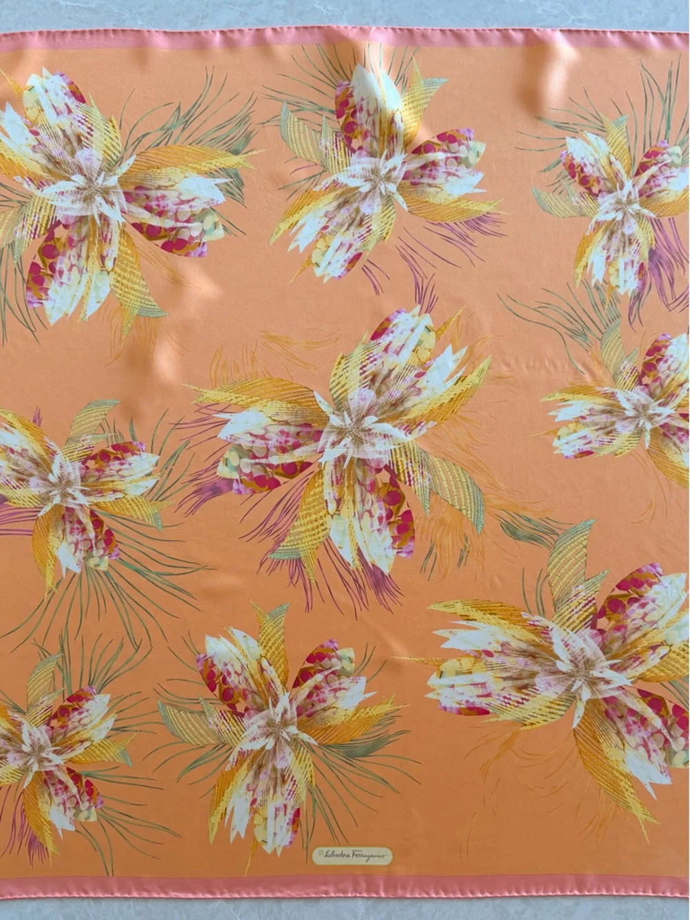 Salvatore Ferragamo Silk Scarf Orange Floral Print Square 34”